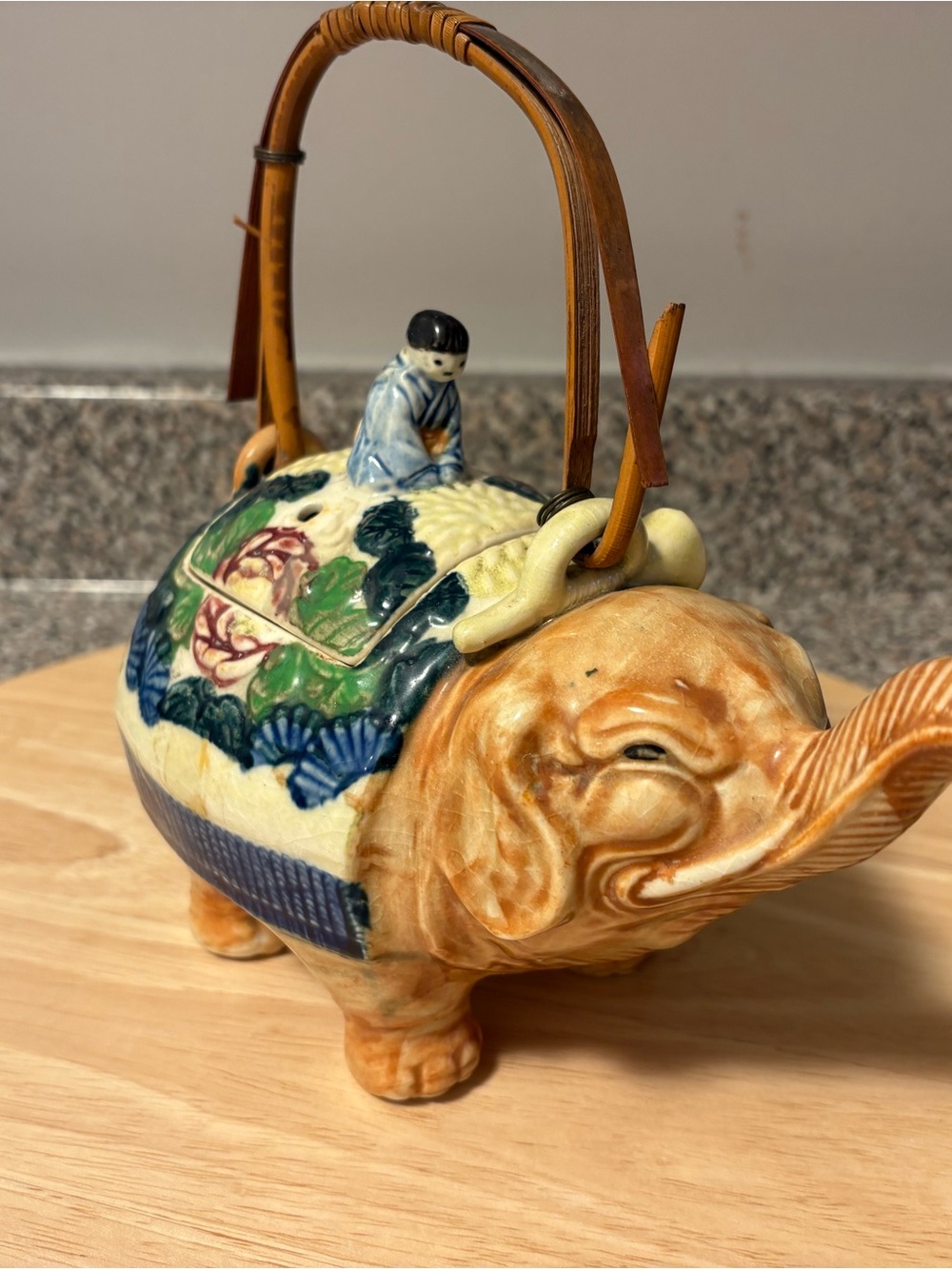 Ceramic vintage banko ware elephant teapot with bamboo handle